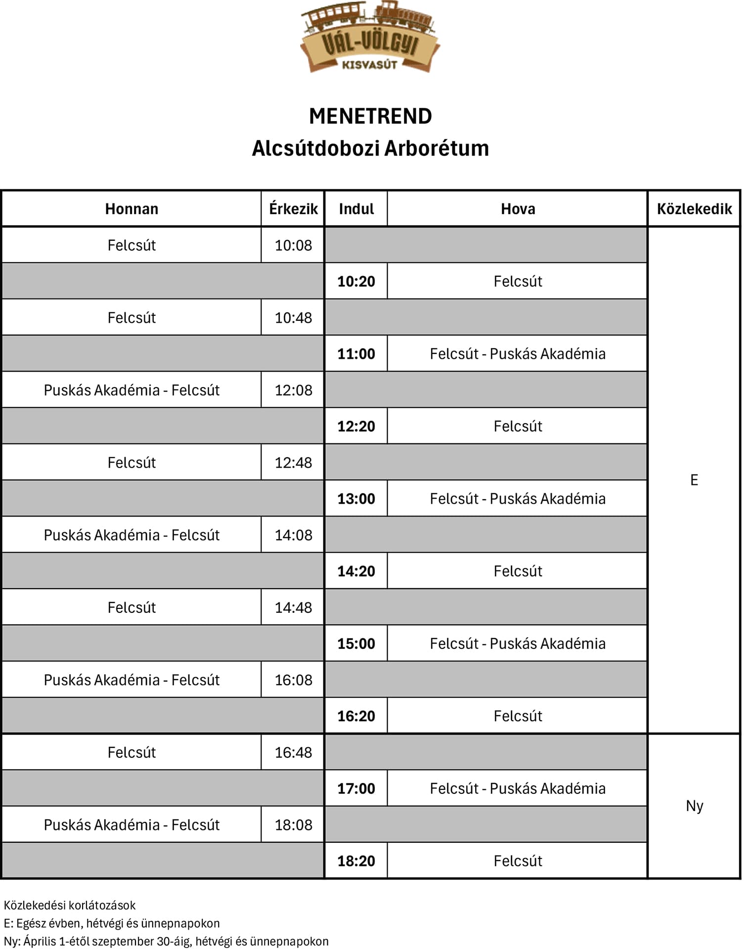 Aktuális menetrend AA 2024