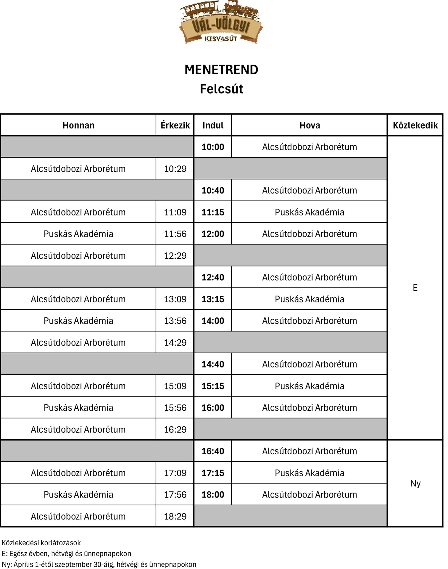 Aktuális menetrend FE 2024