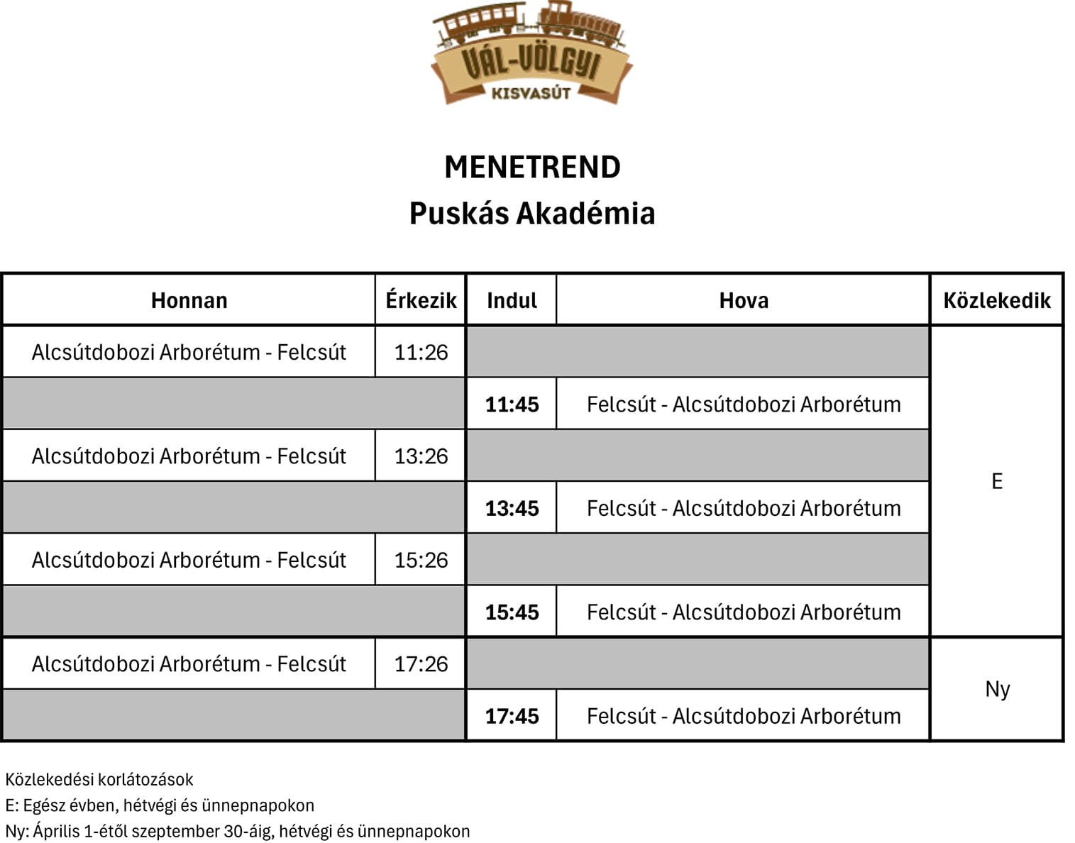 Aktuális menetrend PA 2024